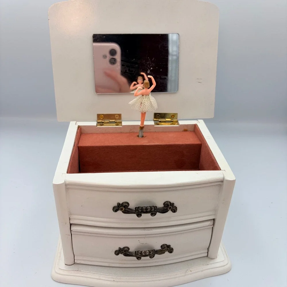 Vintage White Wooden Ballerina Musical Jewelry Box Wind Up Dresser Style